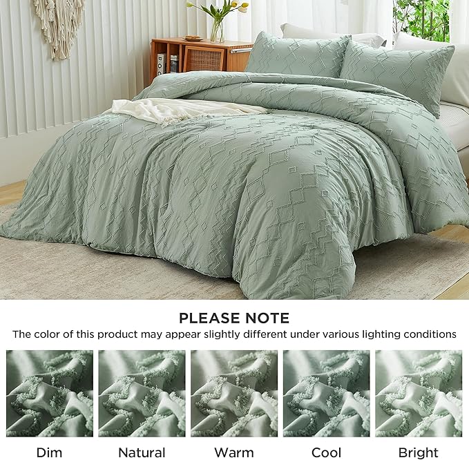 Andency Sage Green Tufted Comforter Set King(104x90Inch), 3 Pieces(1 Tufts Comforter, 2 Pillowcases) Boho Textured Farmhouse Bed, Microfiber Down Alternative Geometric Bedding Set