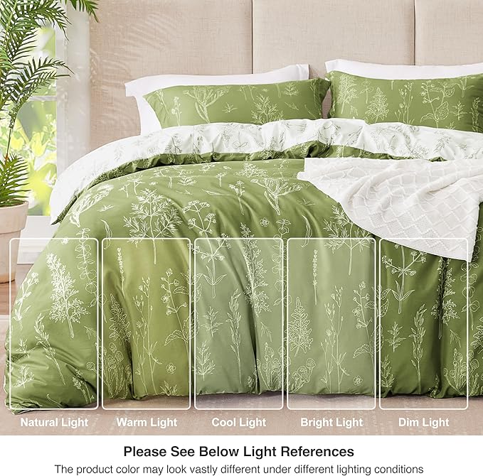Love's cabin Olive Green Full Comforter Set - Full Size Comforter Set, 3 Pieces Cute Floral Bedding Sets for All Seasons,1 Soft Reversible Botanical Flowers Comforter and 2 Pillow Shams