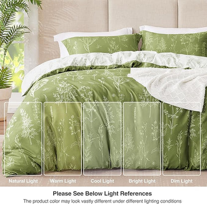 Love's cabin Olive Green King Comforter Set - King Size Comforter Set, 3 Pieces Cute Floral Bedding Sets for All Seasons,1 Soft Reversible Botanical Flowers Comforter and 2 Pillow Shams