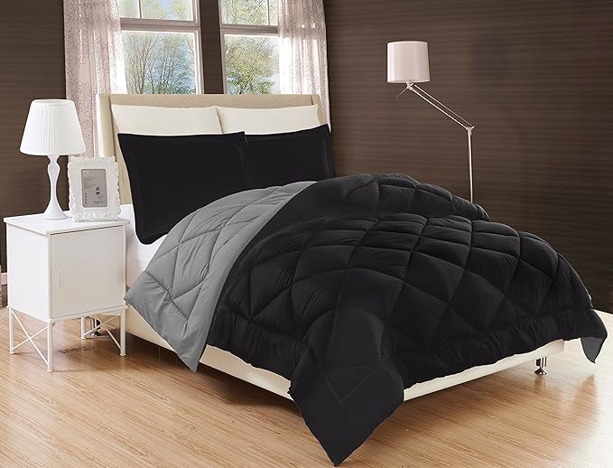 Elegant Comfort Goose Down Alternative -Diamond-Stitched- Quilted 2-Piece Reversible Comforter Set/Duvet Insert Soft Bedding-Medium Warmth for All Seasons, Twin/Twin XL, Black/Grey