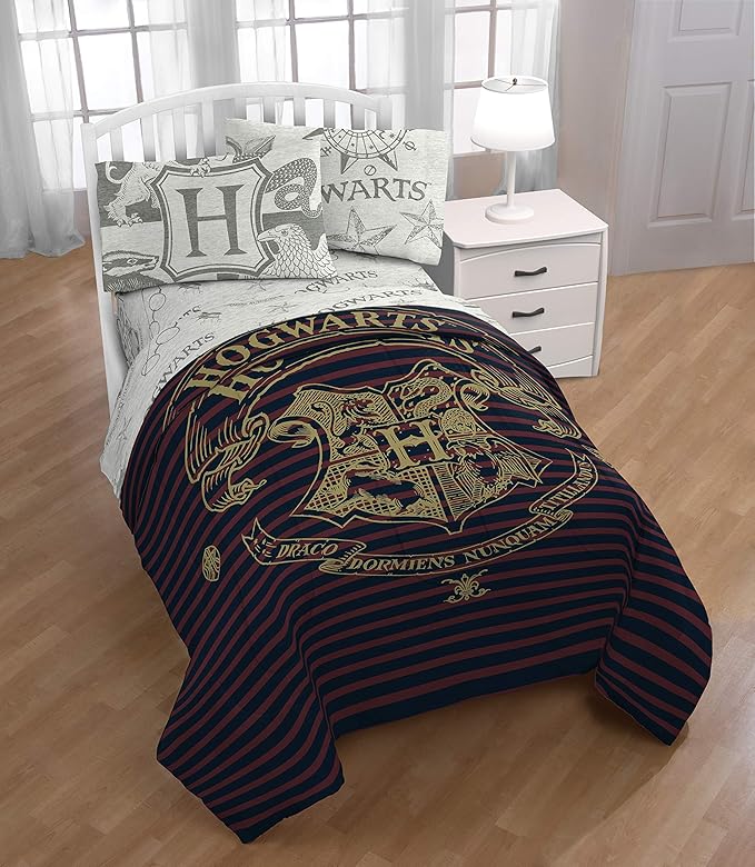 Jay Franco Harry Potter Spellbound 5 Piece Full Bed Set - Includes Reversible Comforter & Sheet Set - Bedding Features Hogwarts Logo - Super Soft Polyester (Official Harry Potter Product)