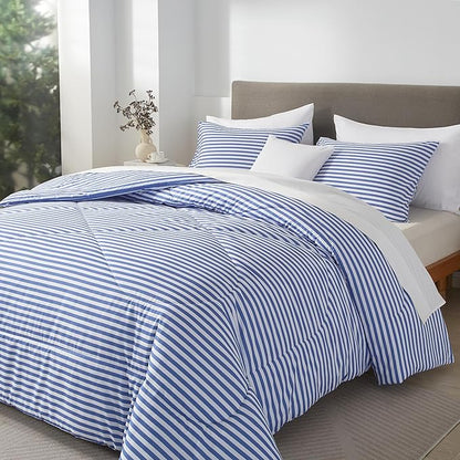 mixinni Striped Comforter Set King Size -Blue Stripes Pattern Bed Set for All Season, 3 Pieces Lightweight Bedding Comforter Sets for All Seasons (1 Soft Fluffy Comforter + 2 Pillowcases)