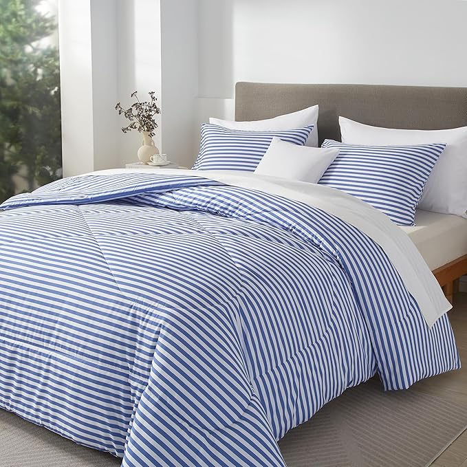 mixinni Striped Comforter Set Twin XL Size - Blue Stripes Pattern Bed Set for All Season, 3 Pieces Lightweight Bedding Comforter Sets for All Seasons (1 Soft Fluffy Comforter + 2 Pillowcases)