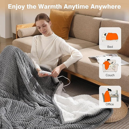 Electric Blanket Full Heated Blanket Full Size - Striped Flannel & Thick Sherpa, 5 Heat Settings & 10 Hour Auto Off with FCC/ETL Certified, Overheat Protection & Machine Washable, Light Grey 72"x84"
