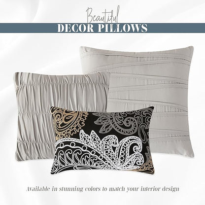 Elegant Comfort 12-Piece Bed-in-a-Bag, Ella Pleated Ruched Pintuck Comforter Set, 6-Piece Sheet Set Featuring Smart Pockets, Matching Decorative Pillows, All Season Bedding, Full, Silver