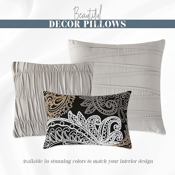 Elegant Comfort 12-Piece Bed-in-a-Bag, Ella Pleated Ruched Pintuck Comforter Set, 6-Piece Sheet Set Featuring Smart Pockets, Matching Decorative Pillows, All Season Bedding, California King, Silver