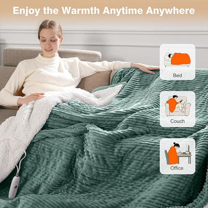 Heated Blanket King Size - Electric Heated Blanket with Dual Controls, 5 Heat Settings, 10-Hour Auto Off, Striped Flannel & Sherpa, FCC/ETL Certified, 90''x100'' Teal
