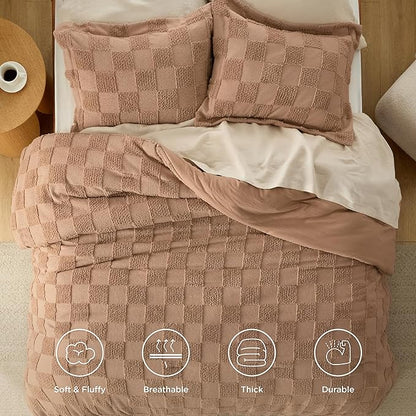 Bedsure Queen Size Comforter Set Taupe, Boho Tufted Bed Set, Checkered Farmhouse Shabby Chic Bedding, 3 Pieces, 1 Plaid Geometric Comforter and 2 Pillow Shams