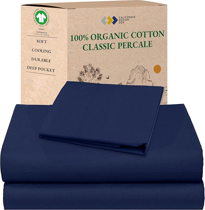 California Design Den Twin Bed Sheet Set - Soft 100% Organic Cotton Sheets with Deep Pockets, Crisp Percale, Breathable and Durable Bedding Set - Navy Blue