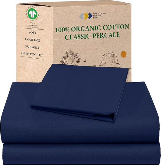 California Design Den Twin Bed Sheet Set - Soft 100% Organic Cotton Sheets with Deep Pockets, Crisp Percale, Breathable and Durable Bedding Set - Navy Blue