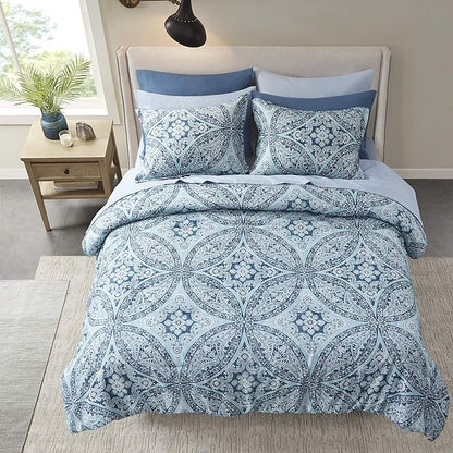 Comfort Spaces Bed in A Bag - Trendy Casual Design Cozy Comforter with Complete Sheet Set with Side Pocket, All Season Cover, Matching Shams, Full(80"x90"), Gloria, Damask Blue 9 Piece