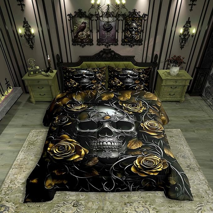 Erosebridal Adults Gothic Comforter Set Bohemian Boho Goth Queen Bedding Sets Vintage Horror Skull Bed Sets Yellow Baroque Victorian Romantic Rose Duvet Insert,Halloween Gothic Bedroom Decor