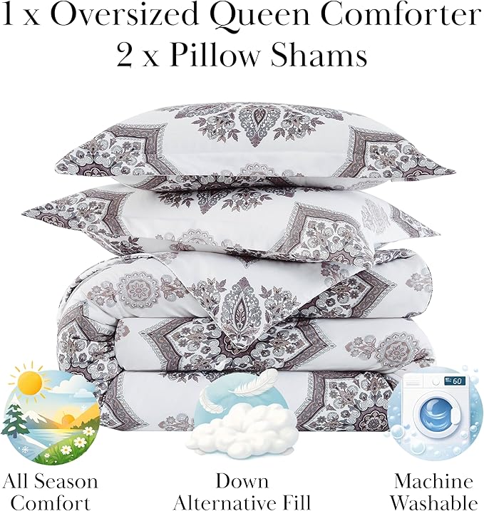 Southshore Fine Living, Inc. Oversized Comforter Full Size Set, Down Alternative Boho Bedding, Paisley Floral Print Bed Spread, Full Size/Queen with 2 Matching Shams, Grey on White
