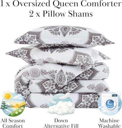 Southshore Fine Living, Inc. Oversized Comforter Full Size Set, Down Alternative Boho Bedding, Paisley Floral Print Bed Spread, Full Size/Queen with 2 Matching Shams, Grey on White