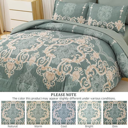 Mybedsoul Sage Green Queen Comforter Set, 7 Pieces Boho Bed in a Bag for Queen Bed, Damask Comforter with Sheets Pillowcases, Soft Microfiber Lightweight Bedding Sets for All Season(90"x90")