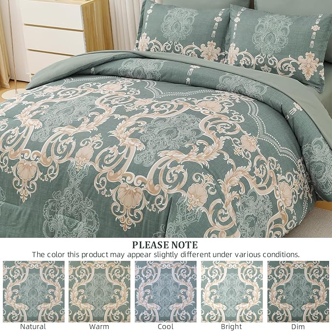 Mybedsoul 7 Pieces Sage Green Comforter Set King Size, Damask Bed in a Bag for King Bed, Lightweight Microfiber Boho Bedding Sets with Comforter, Sheet, Pillowcases & Shams for All Season(90"x104")