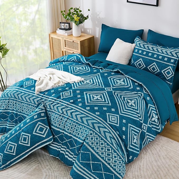 Yiran Teal Blue Comforter Set Queen Size, 7 Piece Boho Aztec Bedding Set, Geometric Bed in a Bag Queen, Soft Microfiber Bohemian Striped Complete Bedding Set with Sheets for All Season