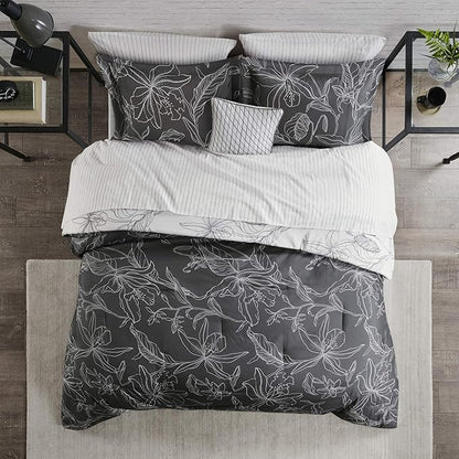 Madison Park Essentials Cozy Bed In A Bag Comforter with Complete Cotton Sheet Set - Trendy Floral Design All Season Cover, Decorative Pillow, Full(78"x86"), White/Charcoal 9 Piece