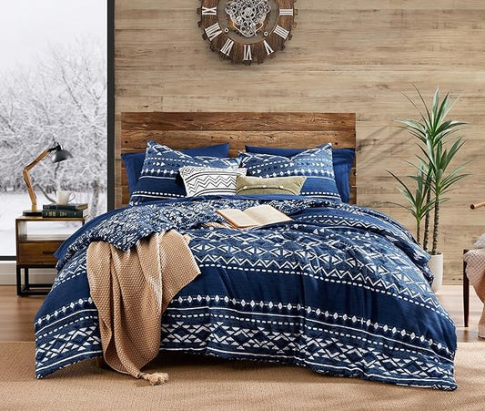 Geniospin Full Comforter Set - 7 Pieces Comforters Full Size, Fluffy Boho Bedding Sets for All Seasons, Bed in a Bag with Flat Sheet and Fitted Sheet, Pillowcase & Sham (Blue, 80''x90'')
