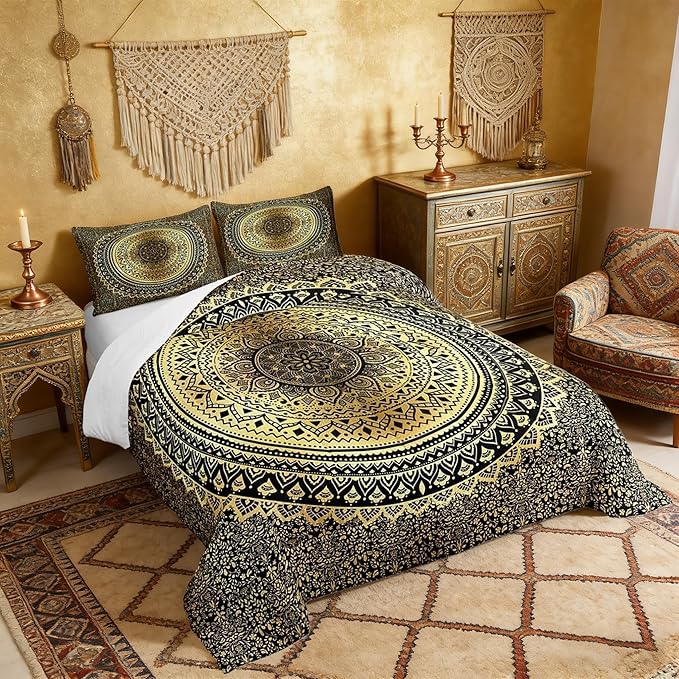 Hippie Mandala Comforter Set Twin Size for Boys Kids Gold Mandala Room Decor Psychedelic Comforter Teens Bedroom Indian Boho Bedding Set All Season 1 Comforter with 1 Pillow Case,Lightweight Warm Soft