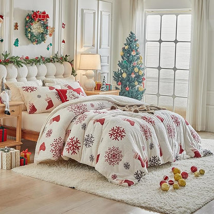Christmas Sherpa Comforter Set King Size 3 Pieces Holiday Winter Bedding Microfiber Warm Fleece Comforter with 2 Pillow Shams - Thanksgiving New Year Gift Choice with Red Snowflake n Xmas Socks