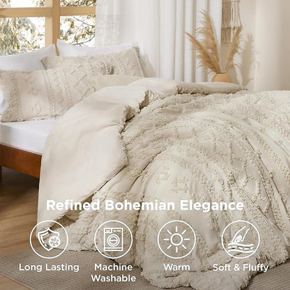 Bedsure Tufted Boho Comforter Set Oversized King - Beige Boho Bed Set, GentleSoft™ 3 Pieces Farmhouse Shabby Chic Embroidery Bedding, Gifts for Woman, Soft Jacquard Comforter for All Seasons
