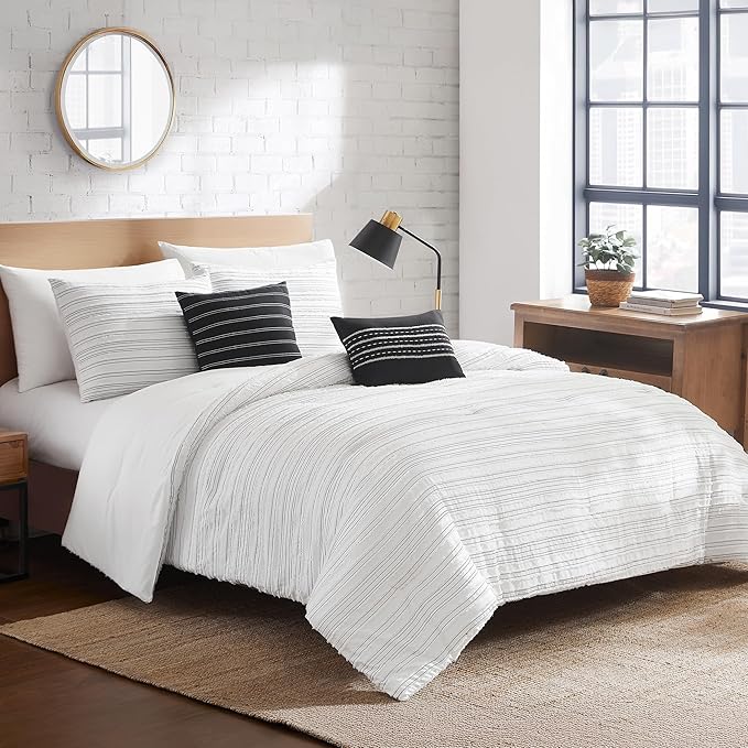 Modern Threads Dixie White Jacquard Comforter Set – 5 Piece Textured Bedding with Decorative Pillows & Shams, Soft All Season Farmhouse Bed Set, Bright White with Graphite Stripes, Queen