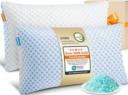 Cooling Firm Bed Pillows Set of 2, Shredded Memory Foam Pillows for Sleeping Luxury Gel Pillows for Side Back Stomach Sleepers with Removable Washable Cover(Blue, Queen)