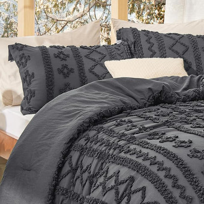 Bedsure Tufted Boho Comforter Set King Size - Dark Grey Boho Bed Set, GentleSoft™ 3 Pieces Farmhouse Shabby Chic Embroidery Bedding, Gifts for Woman, Soft Jacquard King Comforter for All Seasons