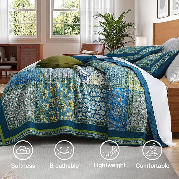 King Quilt Set for Bed - 100% Cotton Quilts Patchwork Comforter Coverlet Bedspread Reversible 90"x104" with 2 Pillow Shams