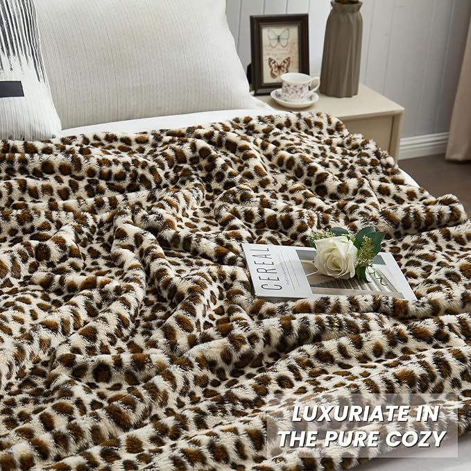JONIYEAR Cozy Plush Brown Cheetah Faux Rabbit Fur Throw Blanket 50" x 60",Decorative Thick Fuzzy Leopard Lap Blankets for Women, Soft Fluffy Animal Printed Warm Shaggy Blanket for Winter Fall, Beige