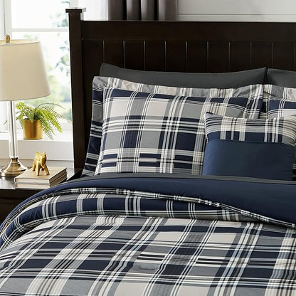 MaiRêve Queen Size Comforter Set Navy Blue, Classic Plaid Farmhouse 7 Pieces Bedding Set, All Season Lightweight Bed in a Bag with Sheets, Pillowcases & Shams