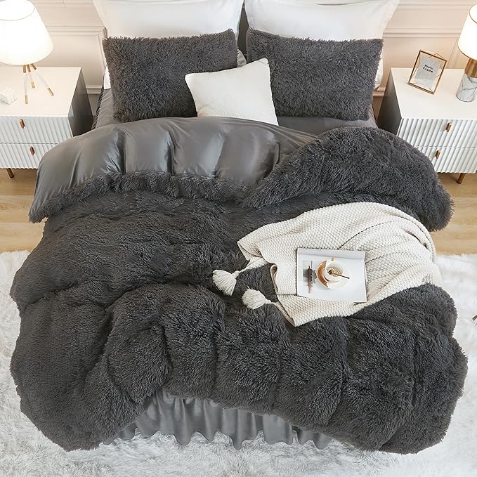 Andency Dark Grey Queen Comforter Set, 3 Pieces Fluffy Faux Fur Warm Soft Fuzzy Plush Gray Bedding Comforter Set, Thick Heavy Puffy Comfy Bedding Sets