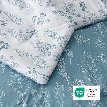 Bedsure California King Comforter Set - Mineral Blue Bed Set, 3 Pieces Cute Floral Bedding, 1 Soft Reversible Botanical Flowers Comforter and 2 Pillow Shams