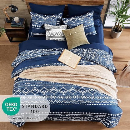 Geniospin Queen Comforter Set - 7 Pieces Comforters Queen Size, Warm Fluffy Boho Bedding Sets for All Seasons, Bed in a Bag with Flat Sheet and Fitted Sheet, Pillowcase & Sham (Blue, 90''x90'')