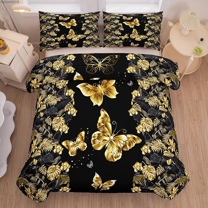 Tailor Shop Black and Gold Comforter Set King Size for Girls Kids Boys Women,Butterfly Bedding Gold Butterflies Bed Sets with 2 Pillowcases…