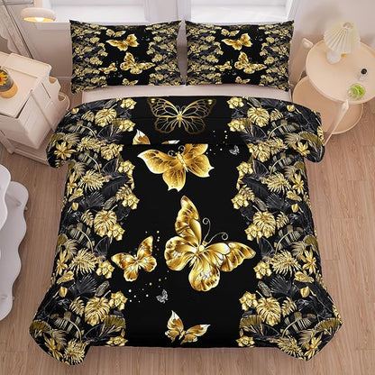 Tailor Shop Black and Gold Comforter Set King Size for Girls Kids Boys Women,Butterfly Bedding Gold Butterflies Bed Sets with 2 Pillowcases…
