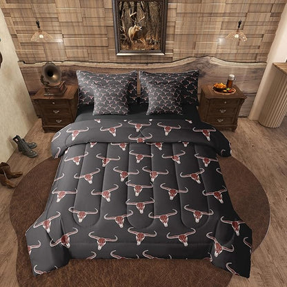 Erosebridal Bull Skull 7 Piece Comforter Set King Ethnic Bohemian Bedding for Men Boys | Tribal Steer Skull Wildlife Aztec Bedroom Decor Farmhouse Cabin Lodge Sheet Set with Comforter,Black Red