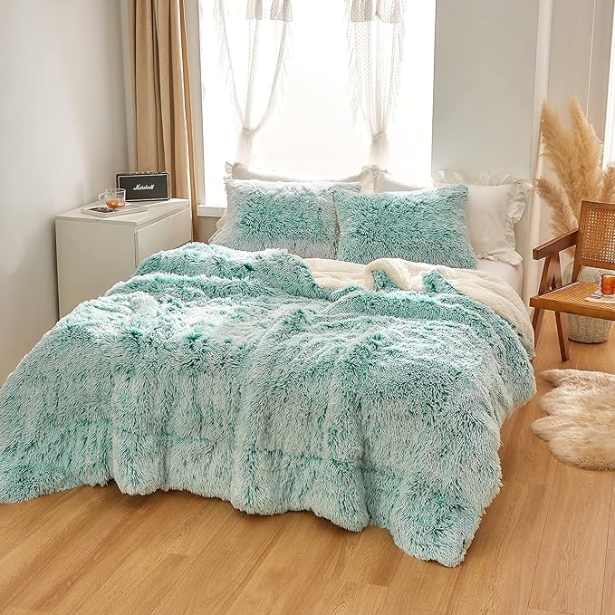 Luxury Faux Fur Shaggy Comforter Set Full/Queen Size, Plush & Sherpa Reversible Comforter Teal with White, 3-Piece Fluffy Fuzzy Bedding Set Ultra Soft and Warm for Winter (1 Comforter + 2 Pillowcases)
