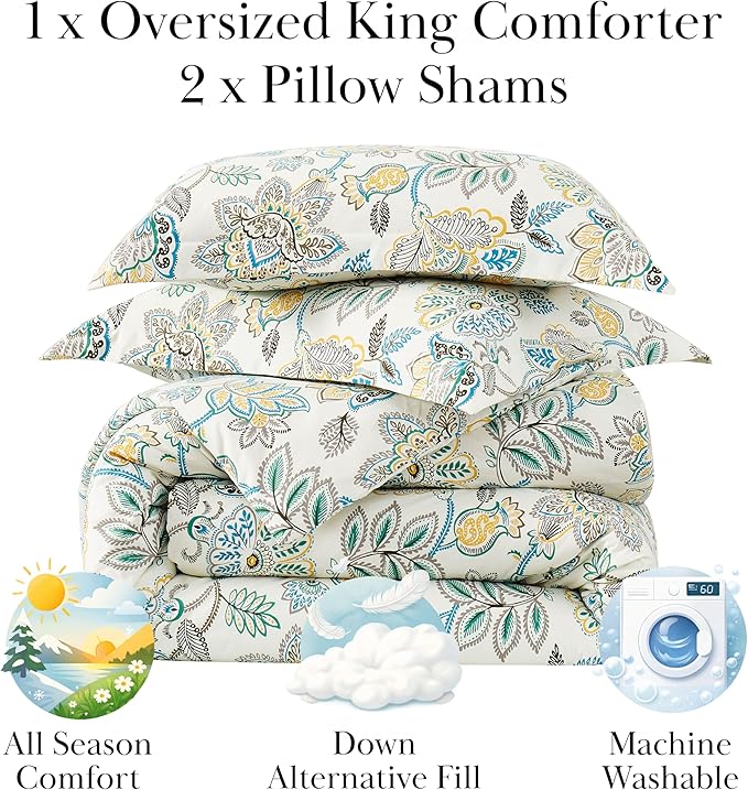 Southshore Fine Living, Inc. Wanderlust Oversized Comforter King Size Set, Down Alternative Comforter Boho Bedding, Victorian Prints, Cal/King Size with 2 Matching Shams, Cream Floral Print