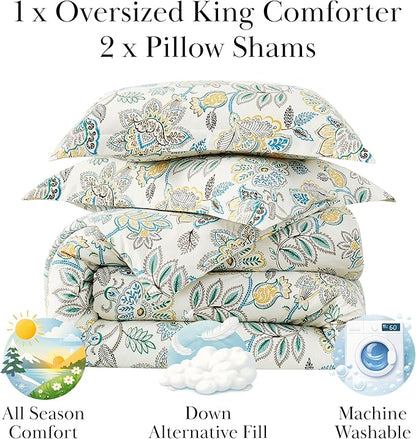 Southshore Fine Living, Inc. Wanderlust Oversized Comforter King Size Set, Down Alternative Comforter Boho Bedding, Victorian Prints, Cal/King Size with 2 Matching Shams, Cream Floral Print