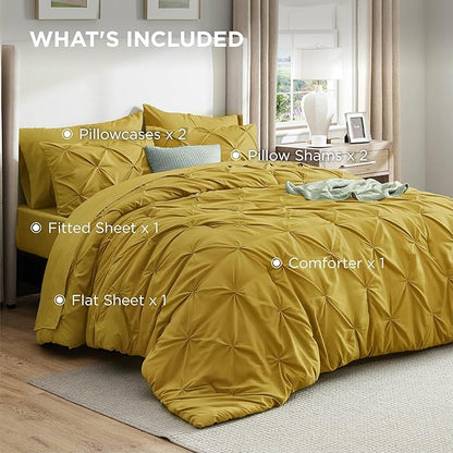 Bedsure Full Comforter Set Mustard Yellow - Bed in a Bag Full Size Bedding Set 7 Pieces, GentleSoft™ Pintuck Bed Set Gift for Family, Pinch Pleat All Season Comforter with Sheets, Pillowcases & Shams