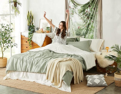 Geniospin Twin Comforter Set - 5 Pieces Textured Sage Green Bedding Sets, Boho Shabby Chic Comforter Set, All Season Comfortable Bed in a Bag with Comforter, Sheets, Pillowcase & Sham