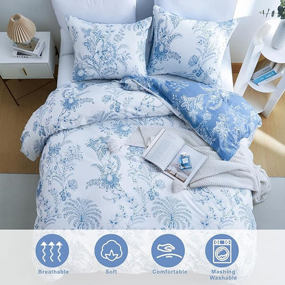 BOLINLIVING Floral King Size Comforter Set, Soft Breathable Bed in a Bag King Size 3 Pieces, Blue and White Floral Bedding Set for All Season, 1 Comforter & 2 Pillowcases