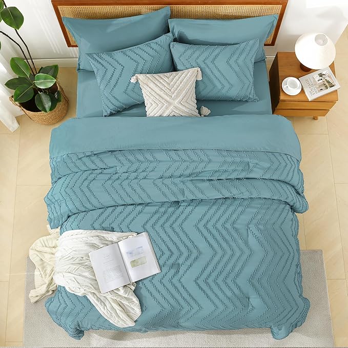 Litanika Grayish Teal Queen Size Comforter Set with Sheets - 7 Pieces Bed in a Bag Queen Boho Tufted Complete Bedding Sets with Comforter, Sheets, Pillowcases & Shams