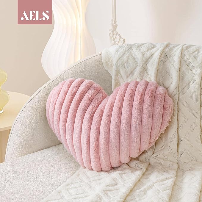 AELS Heart Shaped Pillow, 20 Inches Heart Decorative Throw Pillows, Faux Fur Love Pillows Pillow, Cute Valentines Day Decorations, Wedding Decor, Living Room Bedroom Nursery Decor, Pastel Pink
