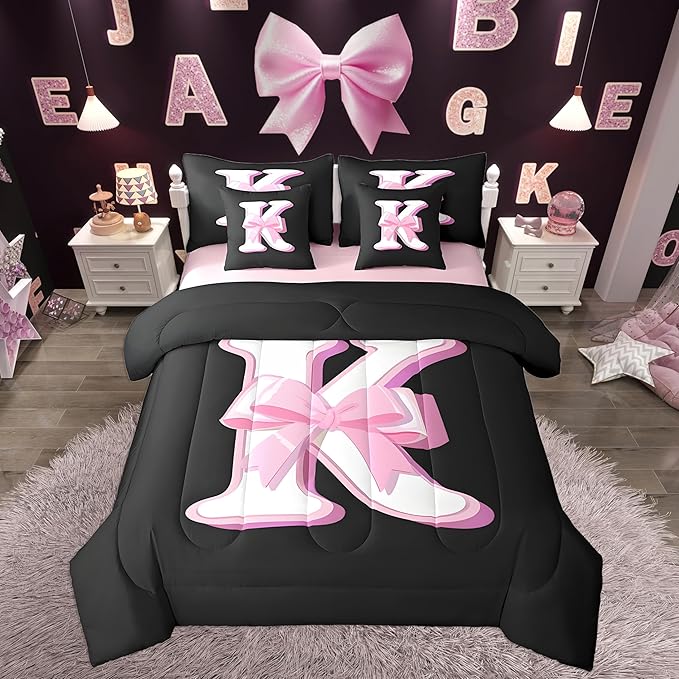 jejeloiu Kids Girls Black Pink Bow Comforter Set with Sheets Queen Size Monogrammed 7 Piece Bedding Set Personalized Initial K Bed in a Bag with Comforter,Sheets,Pillowcases Modern Fashion Bed Set