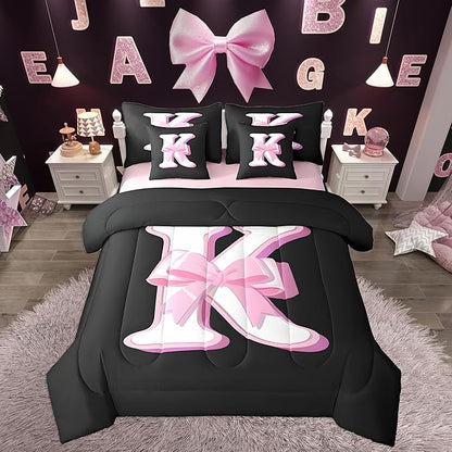 jejeloiu Kids Girls Black Pink Bow Comforter Set with Sheets King Size Monogrammed 7 Piece Bedding Set Personalized Initial K Bed in a Bag with Comforter,Sheets,Pillowcases Modern Fashion Bed Set