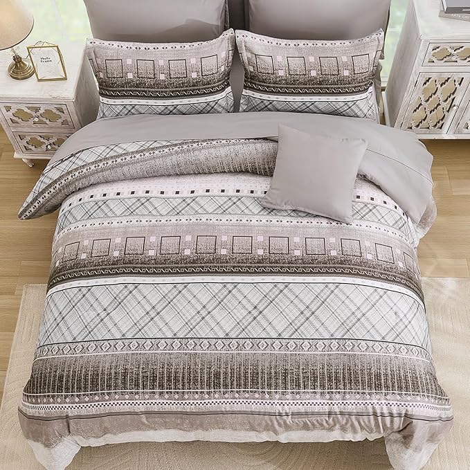 WONGS BEDDING Queen Size Comforter Set 8 Piece, Texture Striped Bed in a Bag Brown Comforter and Sheet Set, Boho Lightweight Microfiber Bedding Set for All Season (90"×90")