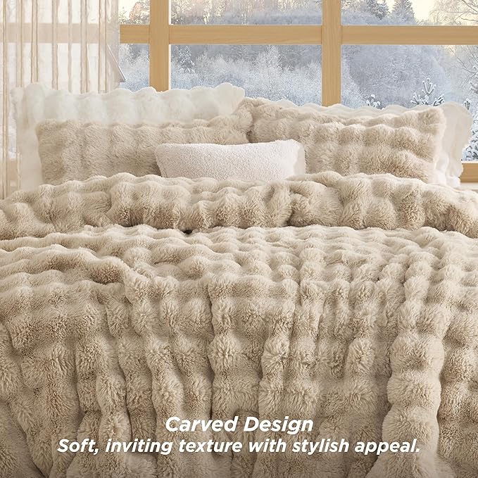 Bedsure Fluffy Comforter Set Queen - Light Beige Faux Fur Queen Comforter, Soft Shaggy Plush Bubble Bedding Comforter Sets, Winter Warm Luxury Fuzzy Bed Set 3 Pieces, 1 Comforter and 2 Pillowcases